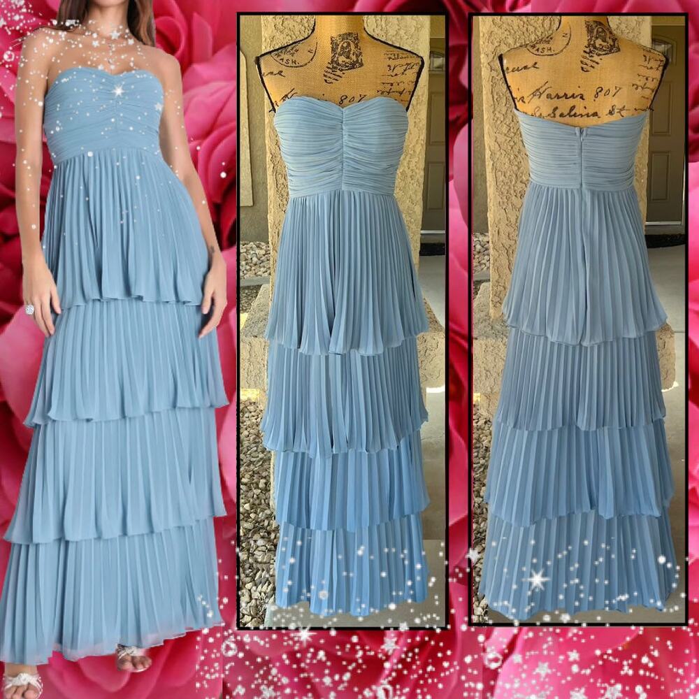 Lulus Pleated Seriously Sensational Light Blue Strapless Tiered Maxi Dress Sz M